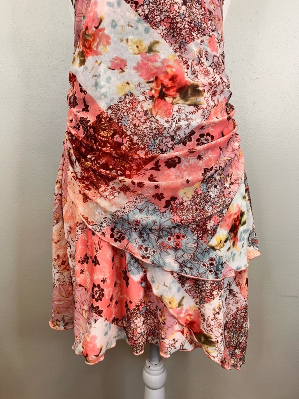Y2K Floral Patchwork Pink Halter Sundress Backless Party Summer Stretch Coquette - Picture 4 of 14